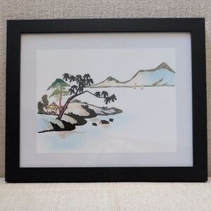 Framed Serene Coastal Scene Hand Cut Wheat Stalk Art on Silk